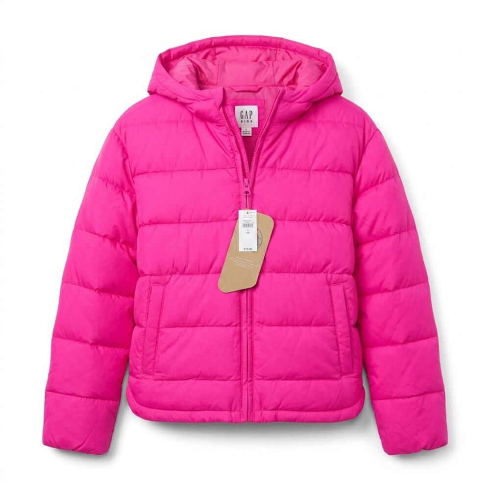 NWT Gap Kids Girls Hot Pink PrimaLoft Water Resistant Hooded Puffer Jacket L 10